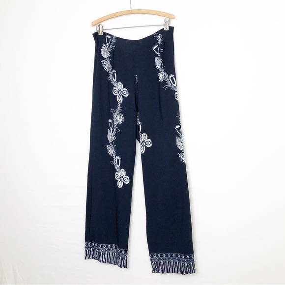 Kenar Studio Navy blue BoHo floral, print tie, front wide, leg pants - Picture 7 of 12